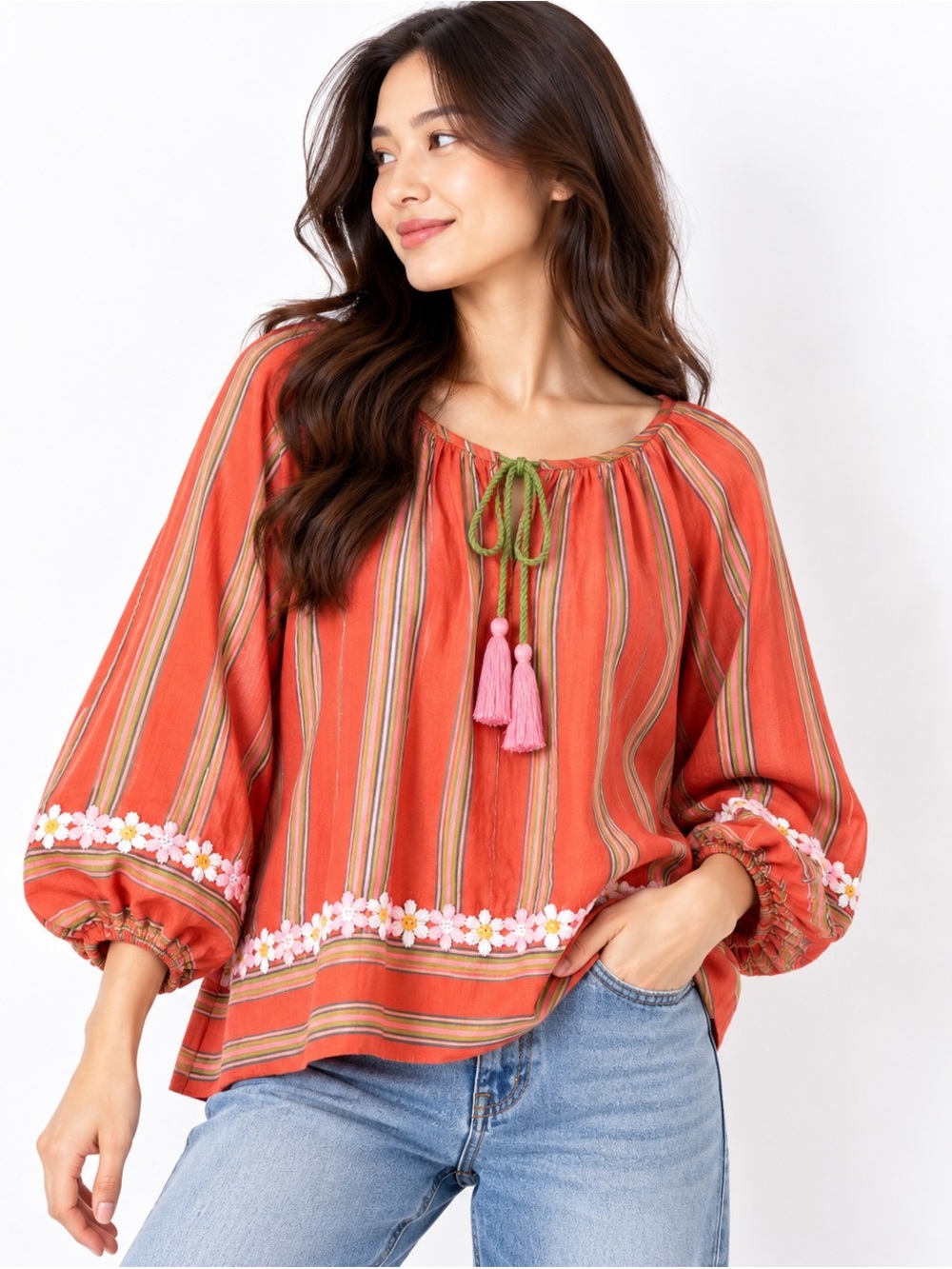 Easel Coral Striped Boho Blouse Tassel Tie Floral Trim Long Sleeve
